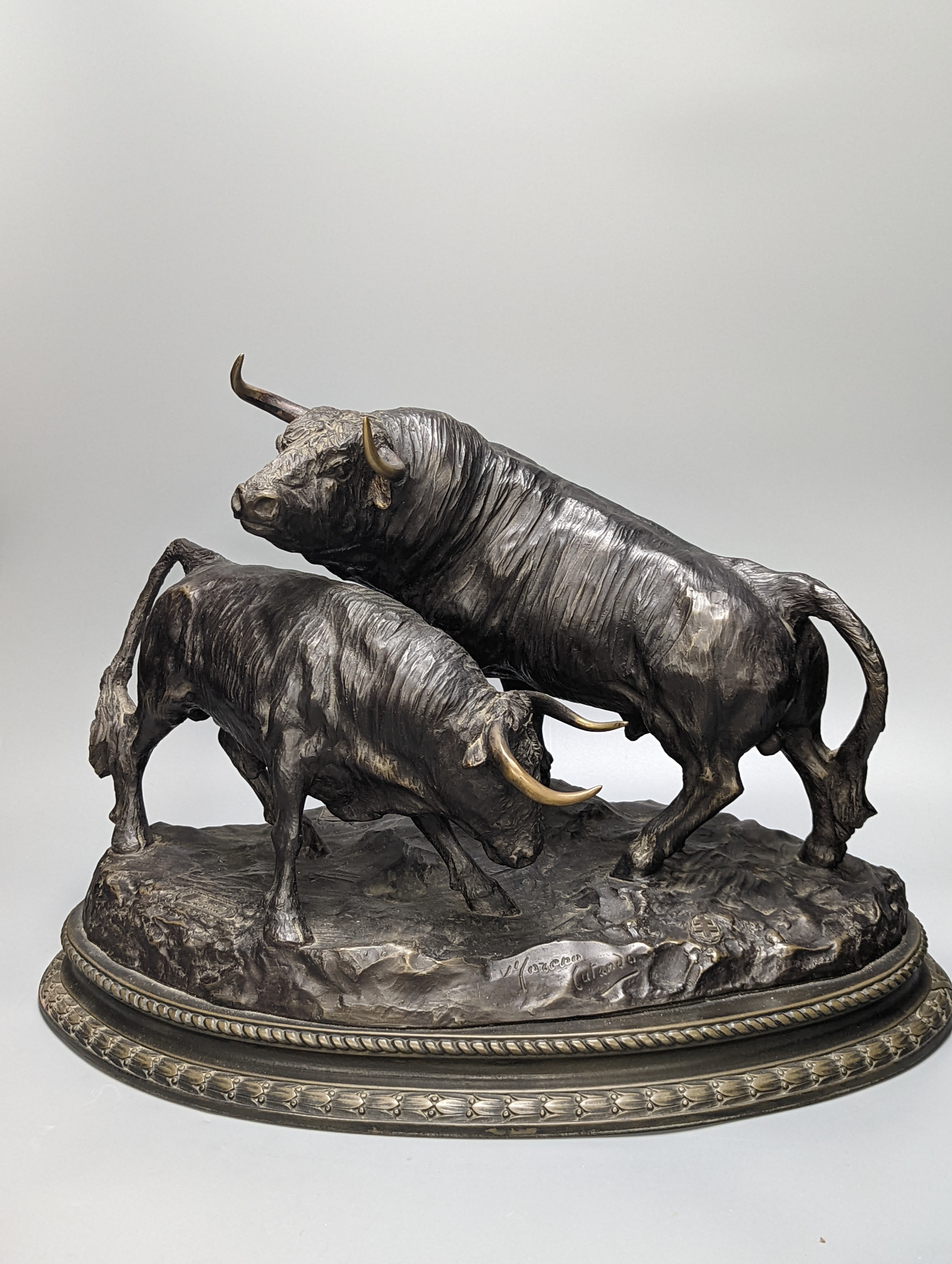 After Luis Moreno Cutando. A bronze group of two bulls width 46cm depth 32cm height 34cm